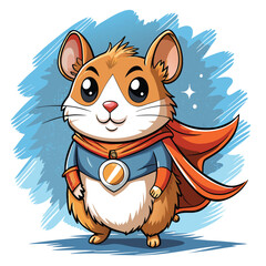A miniature hamster, powerfully posed, dons a miniature superhero cape and cap.  Its tiny eyes gleam with determination.