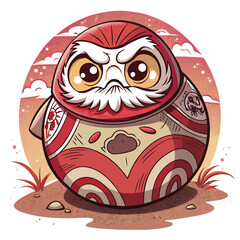 A whimsical illustration of a miniature Daruma doll with a comically oversized head, rolling across a surface.  Focus on the disproportionate features and playful movement.