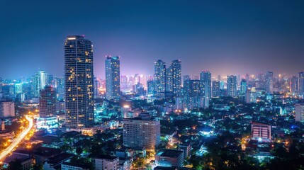 Obraz premium Night Lights of Bangkok's Skyline: A Panoramic View of Modern Metropolis