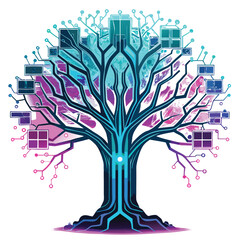 A vibrant, glowing tree with branches formed from intricate neon circuit boards, futuristic and surreal.  Details are crucial.