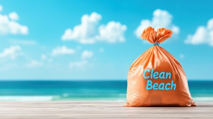A vibrant bag labeled Clean Beach resting on a sunny shore, highlighting the importance of beach cleanliness.