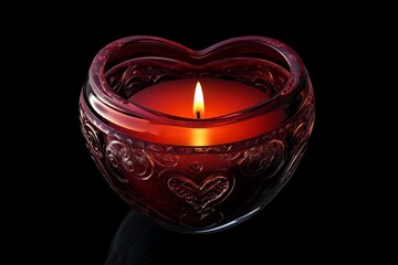 Heart-shaped red candle in glass holder, against black background, with intricate carvings