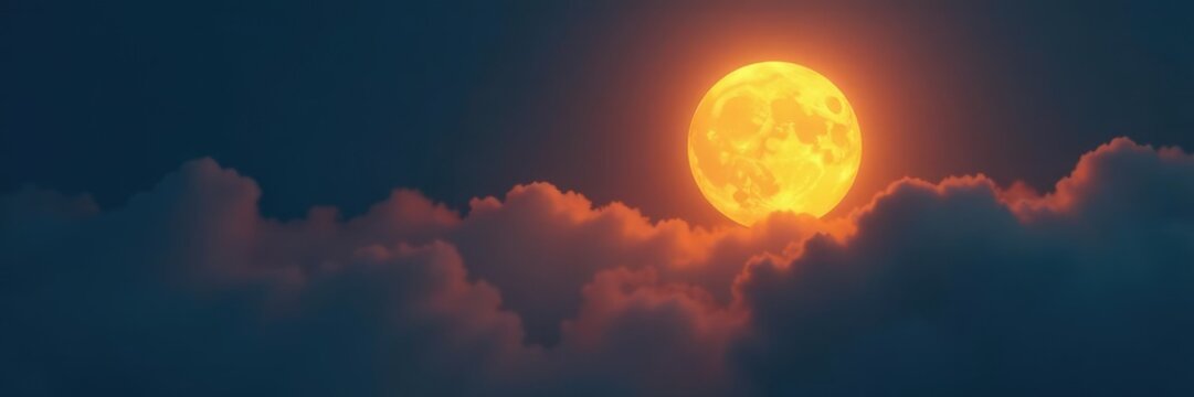 Full moon shining with warm golden light through foggy clouds, foggy, super moon