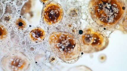 Aging cells viewed under a microscope in a biological research lab. Featuring oxidative stress and fragmentation