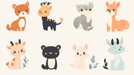 Obraz premium Cute cartoon animal characters collection, various species, sitting poses, pastel colors, flat design, whimsical style.