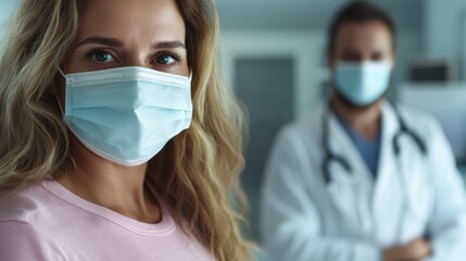 Pregnant woman consulting doctor in clinic during coronavirus pandemic