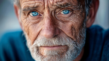 Portrait of an elderly man with deep wrinkles and blue eyes, looking directly at the camera, generative AI