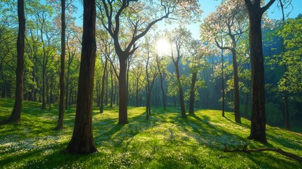 Fototapeta premium Painting of a forest with sunlight shining through blossoming trees and dappled light effect on the ground