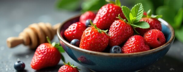 Mix of strawberries and mixed berries in a bowl with honey and mint, strawberries, flavor