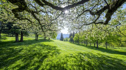 Naklejka premium Tree in grassy field with sunlight filtering through a canopy of blossoming trees in a serene landscape