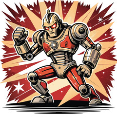 A retro-styled robot, metallic and weathered, powerfully punches through a vibrant, exploding Starburst candy.  High detail, vintage aesthetic.