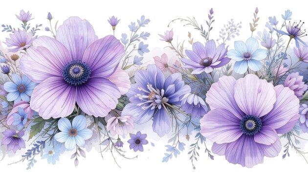 Watercolor Floral Border with Purple and Blue Flowers on White Background