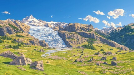 Obraz premium Mountain landscape with a glistening glacier under a clear blue sky in spring season