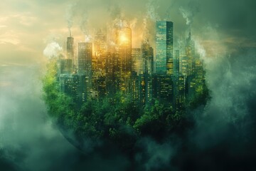 A city is shown in a round shape with a green forest surrounding it