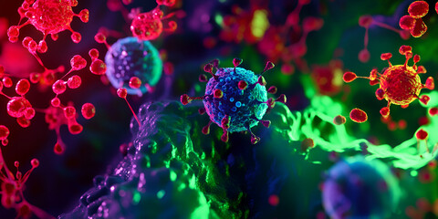 Obraz premium Virus Particles Under Microscope with Bright Colors | Microscopic View of Viruses and Pathogens in Action