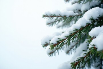 Obraz premium Snow-covered evergreen branches on a white background, nature, winter wonderland