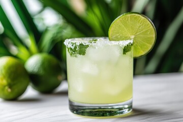 Fototapeta premium Refreshing margarita cocktail with lime and mint on white surface