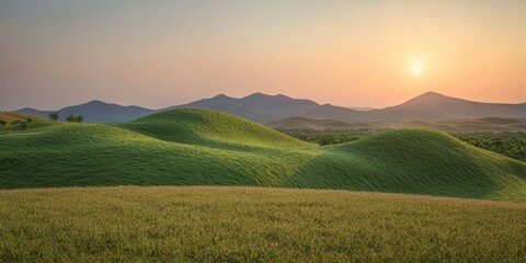 Obraz premium Field of grass with rolling hills beneath a golden sunset in a scenic landscape