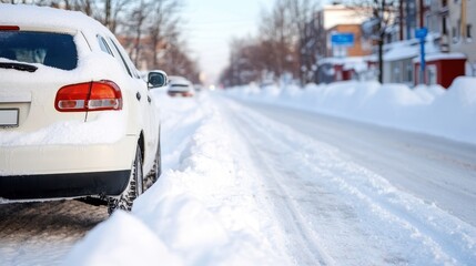 Winter storm aftermath leaves car trapped in snow-covered driveway
