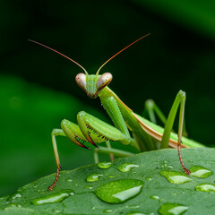 Macro shot of praying mantis on dewy leaf in morning