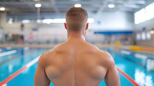 Sportsperson poised for dominance on starting block before a swim