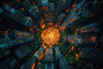 Fototapeta premium A cityscape with a large circle in the middle surrounded by buildings