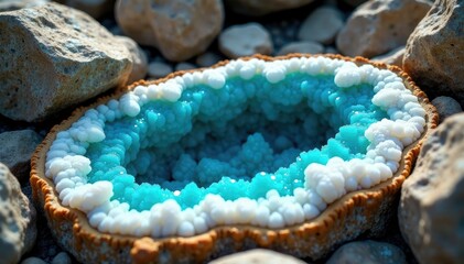 Teal blue and white crystal geode embedded in the rocky terrain, teal blue geodes, rock formations