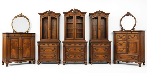 Elegant Antique Wooden Furniture Collection with Cabinets and Vanity Mirrors