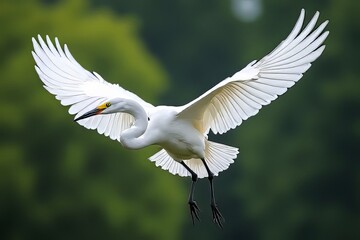 Majestic Great Egret in Flight Against a Blurred Green Background