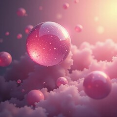 Naklejka premium Tranquil pink spheres hover amidst a hazy dawn, soft focus, pink bubbles, dreamy light