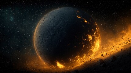 Obraz premium Fiery Planet Cosmic Nebula Space Asteroid Impact Starfield Galaxy Astronomy Celesti