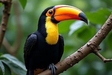 Fototapeta premium Majestic Toucan Perched on Branch in Lush Green Forest