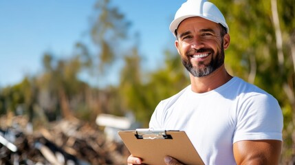 Engaging volunteer smiles while managing sustainability efforts outdoors