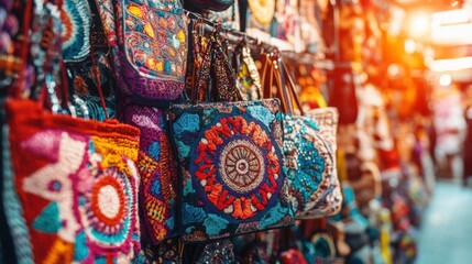 Colorful Handmade Bags Displayed at Vibrant Market Stall