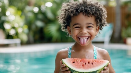 Joyful summer moments with a boy savoring juicy watermelon by the pool
