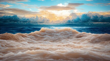 Naklejka premium Dramatic Ocean Waves Sunset Sky Creamy Foam Seascape Coastal Scene Nature Background