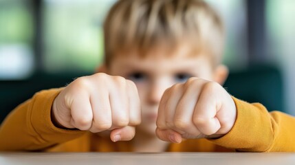 Little boy exhibiting aggression with clenched fists in educational setting