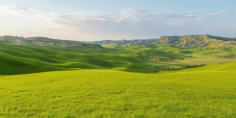 Obraz premium Field of green grass and rolling emerald hills under a twilight sky at dusk