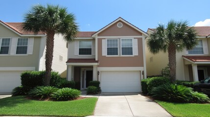 Fototapeta premium Coastal Townhouse Row, Sunny Exterior, Front View