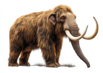 Obraz premium Detailed and Realistic CGI Mammoth Rendered in Isolation on Pure White Background with Soft Focus Effect for Photorealism and Deep Depth of Field