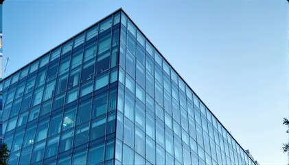 Modern Glass Building Exterior with Clear Blue Sky Background