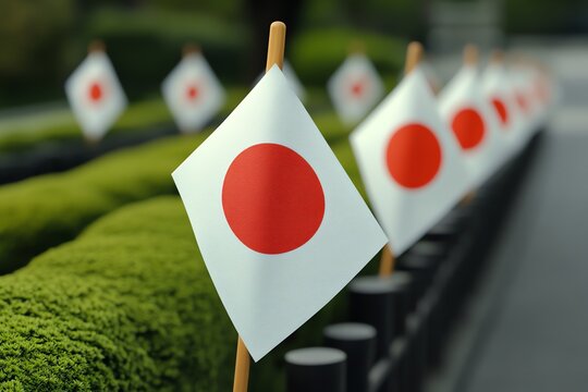 Close-up of Japan flags with cinematic lighting, blurry foreground, and hyper-realistic detail. Perfect for Japan-inspired art, culture, and advertising.