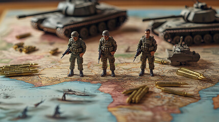  soldier action figurines on a map of the worlds with tanks and bullets
