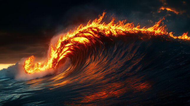 Flaming wave of fire rising above dark stormy waters