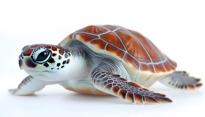Fototapeta premium Sea turtle crawling on a white background in studio