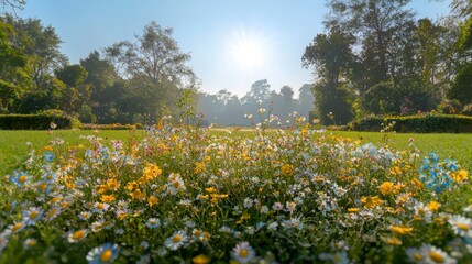 Obraz premium A vibrant garden filled with a variety of colorful flowers under bright sunlight in a serene outdoor setting