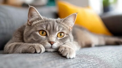 Yellow gaze of a gray cat resting on a cozy couch in soft light