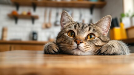 Funny fat cat waits patiently for food while lounging in the kitchen