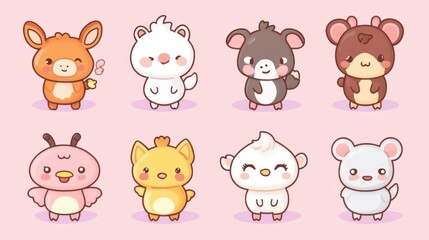 Obraz premium Cute cartoon animal characters in various poses. Fluffy, adorable, and stylized animal illustrations. Collection of kawaii animal designs. Perfect for children's books, cards, or merchandise.