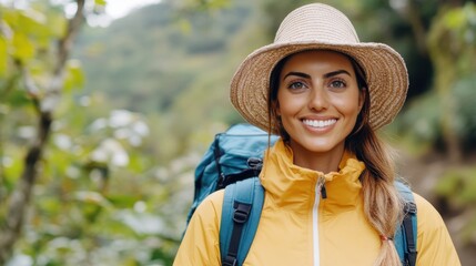 Joyful woman exploring vibrant forest trails in spring sunshine